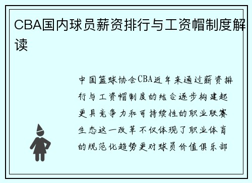 CBA国内球员薪资排行与工资帽制度解读