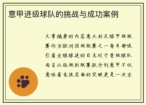 意甲进级球队的挑战与成功案例